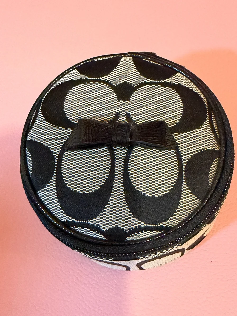 Coach Black & Cream Patterned Round Jewelry Case